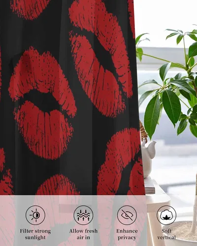 Miniatura 4 de Cortinas transparentes de 52 x 72 pulgadas de largo, con labios rojos y fondo negro, cortinas semitransparentes de gasa con ojales, para sala