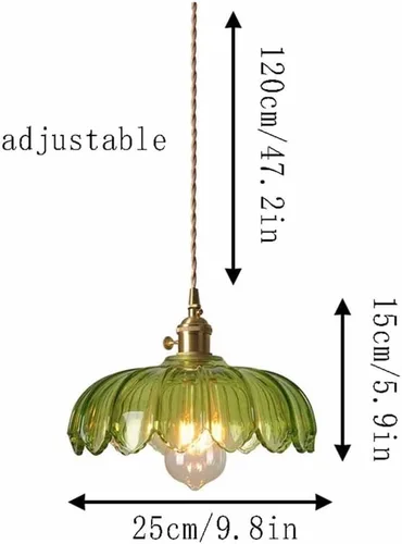 Miniatura 3 de Mid Century Green Pendant Lights, Nordic Retro Full Copper Hanging Pendant Lamp with Flower Shape Glass Shade, 47.2in Adjustable Cord E27/E26