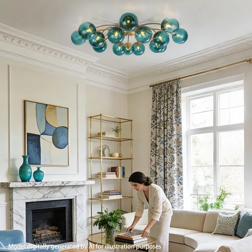 Miniatura 5 de Candelabros Sputnik dorados con globo de vidrio azul, lámpara de techo empotrada con 3 luces de acento de flor de mediados de siglo, candelabros