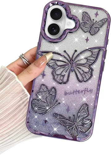 Miniatura 15 de BITOBE Diseñada para iPhone 15 Pro Max, bonita funda de mariposa 3D chapada en purpurina delgada para mujeres y niñas, protección de cámara, Negro