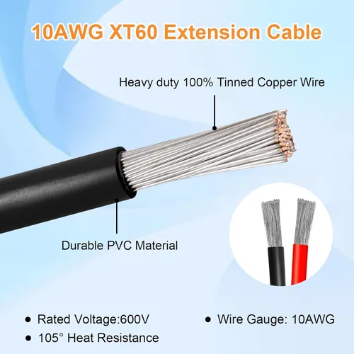 Miniatura 4 de Cable de extensión solar XT60 de 10 AWG 2 3 6 10 15 20 25 35 40 50 75 100 pies XT60 adaptador de conector de extensión solar más grueso cable hembra