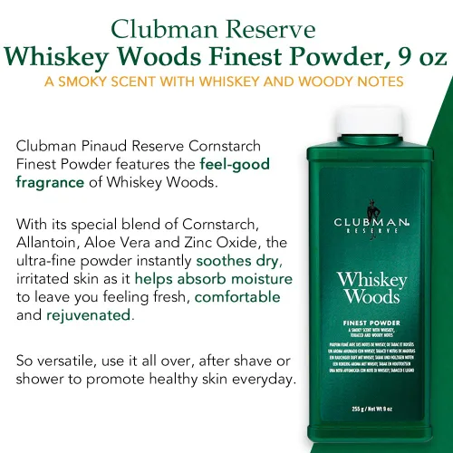 Miniatura 4 de Clubman Reserve Whiskey Woods Finest Powder - Polvo corporal clásico para hombres, control de humedad y olor, aroma a madera de whisky de barbería