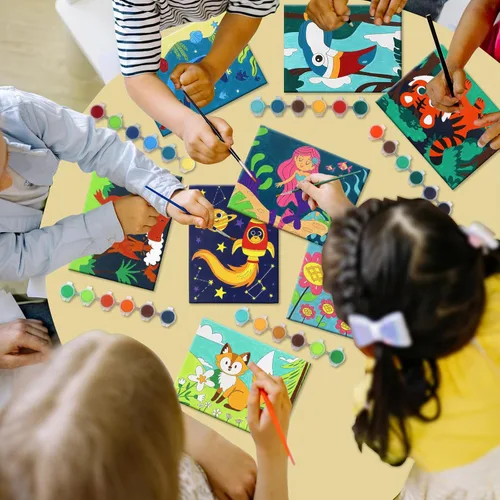 Miniatura 7 de 8 paquetes de lienzo preimpreso para pintar lienzo para niños, 48 pinturas, 8 pinceles, 2 caballetes, 8 lienzos impresos de 6x8 para niñas, niños