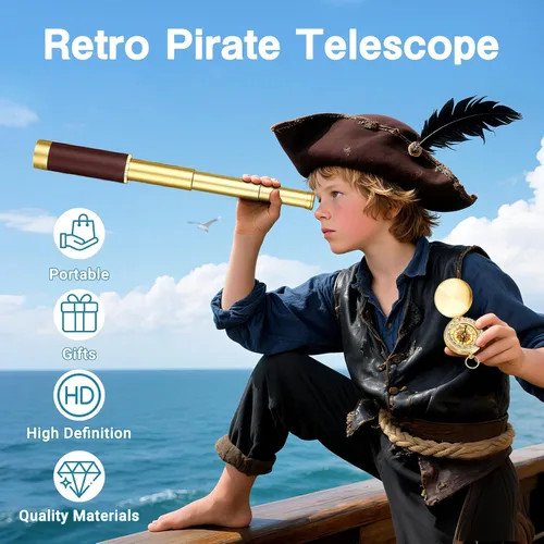 Miniatura 2 de Telescopio pirata retro con zoom de 25x30, telescopio portátil plegable de mano, monocular vintage para niños y equipo de supervivencia, brújula