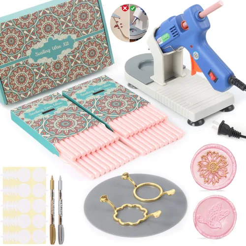 Kit de sellado de cera con caja de regalo, 40 varillas de cera de sellado con pistola de pegamento, moldes de sellado de cera, soporte para pistola
