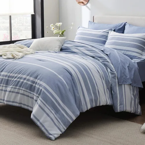 Miniatura 27 de Bedsure Juego de ropa de cama con edredón tamaño individual de 5 piezas, juego de ropa de cama a rayas azules para todas las estaciones, reversible