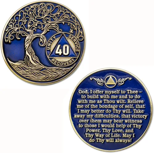 Miniatura 3 de 40 años AA Medallion Twisted Tree of Life chapado en oro AA Chip de recuperación - azul translúcido