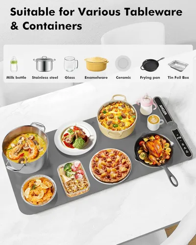 Miniatura 4 de Tapete de calentamiento para alimentos, calentador eléctrico de alimentos de calentamiento rápido con 9 niveles de temperatura y temporizador de 6