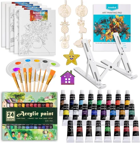 koseibal Juego de arte acrílico con 24 pinturas acrílicas, 8 plantillas de madera de bricolaje, 5 paneles de lienzo, 8 pinceles, caballete de mesa,