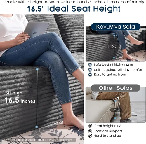 Miniatura 5 de Sofá modular gris con diván en forma de L de 108 pulgadas, sofá de pana de asiento profundo, tela de felpa similar a una nube, sofás para sala