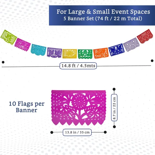 Miniatura 2 de Pancartas de fiesta mexicana (paquete de 5, 10 diseños de banderas de papel de seda por bandera/no de plástico), pancarta de papel picado