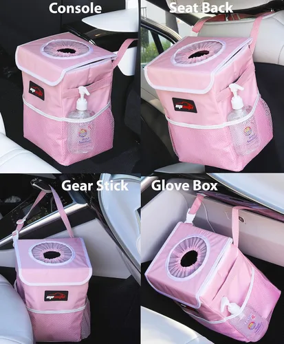 Miniatura 3 de EPAuto Bote de basura impermeable para automóvil con tapa y bolsillos de almacenamiento, 2.5 galones a prueba de fugas, color rosa