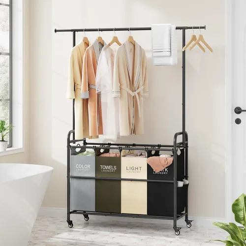 Miniatura 8 de Tajsoon Carrito Clasificador de Lavandería con Perchero para Colgar Ropa, Organizador de 3 Cestas Clasificadoras Butler, Carrito Cesto de Lavandería