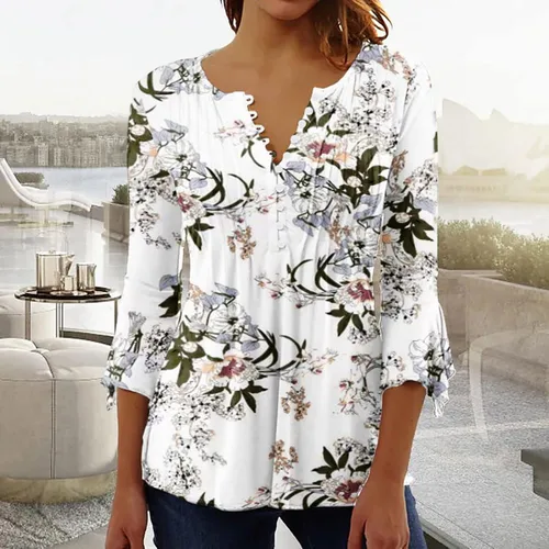 Miniatura 11 de Ceboyel Blusa tipo túnica con estampado floral para mujer, con botones, estilo Henley, con manga de codo, casual, trajes de moda para mujer