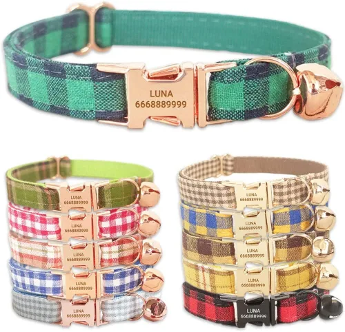 Miniatura 7 de PETDURO Collares de gato a cuadros hechos a mano personalizados con campana y hebilla de metal grabada con nombre personalizado para gatos lindos