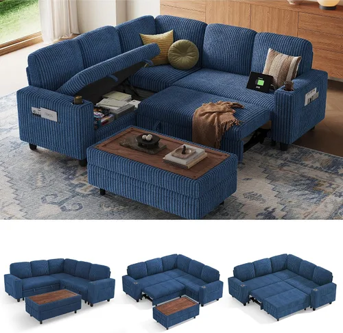 Miniatura 47 de LINSY HOME - Sofá cama extraíble modular con sección para dormir, con almacenamiento, sofá seccional de pana mullida para sala de estar, sofá cama
