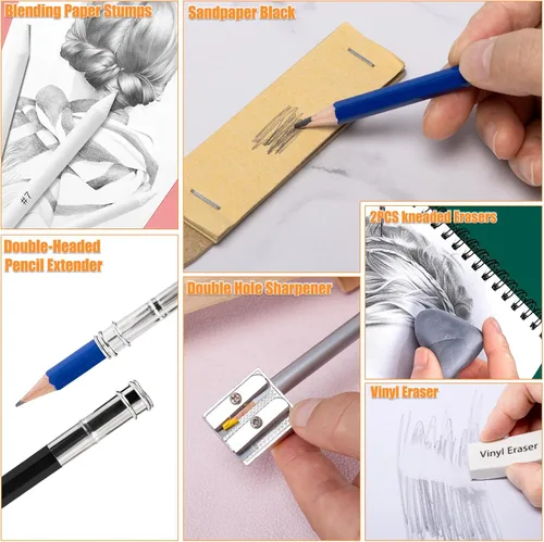 Miniatura 6 de Drawdart Art Supplies - Juego de lápices de dibujo, 76 unidades, kit de dibujo profesional con cuaderno de bocetos y bloc de acuarela, incluye
