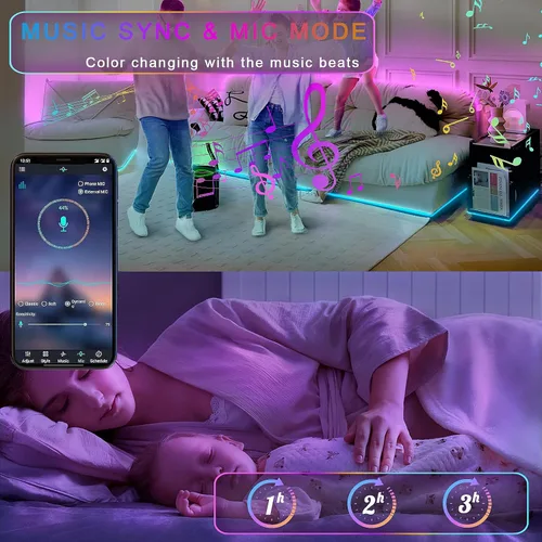 Miniatura 3 de Tira de luz LED con sensor de movimiento debajo de la cama, 9.84 pies, control remoto/aplicación, regulable, sincronización de música, temporizador