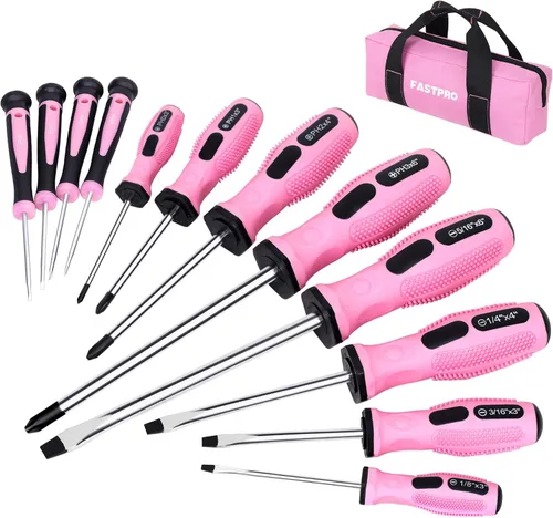 FASTPRO Juego de destornilladores magnéticos rosados de 12 piezas con destornilladores Phillips ranurados y destornilladores de precisión, kit de