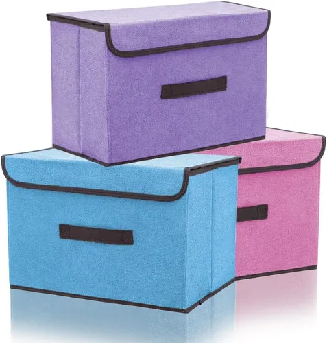 Miniatura 8 de LELE LIFE Paquete de 3 contenedores de almacenamiento con tapas, cubos de almacenamiento plegables de tela, cajas de almacenamiento plegables