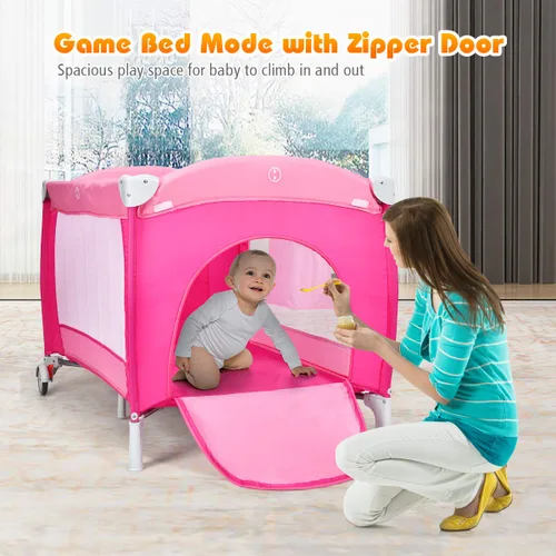 Miniatura 7 de Costzon 4 en 1 rosa Pack and Play con moisés, corralito portátil para bebé con toldo ajustable, entrada con cremallera lateral, caja de música