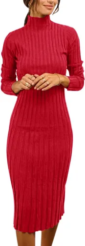 Miniatura 2 de MEROKEETY - Vestido de manga larga acanalado para mujer, con cuello alto, ajuste entallado, longitud por debajo de la rodilla y tejido
