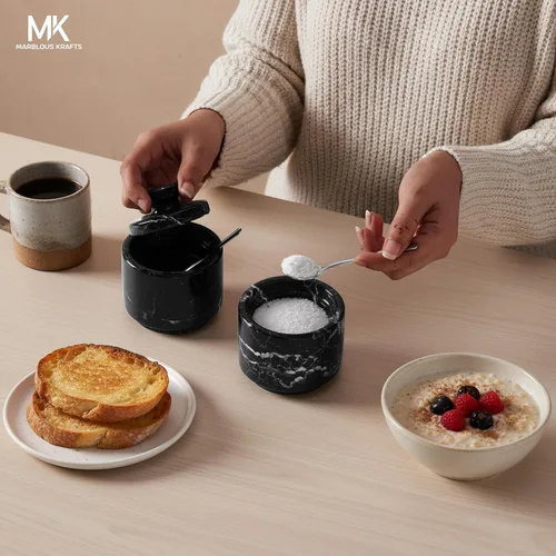 Miniatura 4 de MARBLOUS KRAFTS Salero de Mármol con Tapa y Cuchara 3" Caja de Sal Navideña Escamosa Cebra Negra para Regalo, Juego Pequeño Moderno de 2