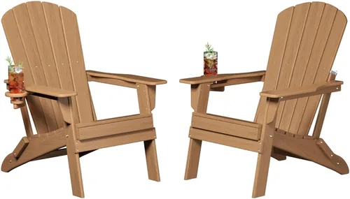 Plawdlik Adirondack Juego de 2 sillas plegables, probadas por SGS, textura de madera con portavasos, polietileno de alta densidad resistente a todo