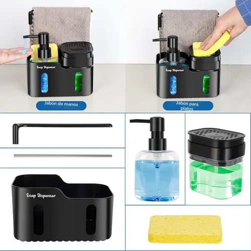 Miniatura 2 de Juego de dispensador de jabón de manos y jabón para platos para cocina, dispensador de jabón doble con soporte para esponja y soporte para paños