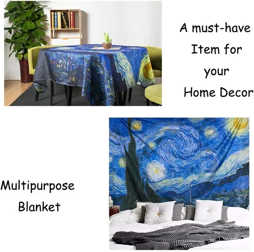 Miniatura 3 de IcosaMro Tapiz de pared con diseño de noche estrellada, V. Gogh Art - Tapices de pared [51 x 60 pulgadas] [dobladillos doblados], mantel de manta