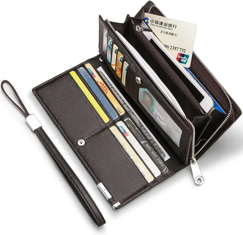 Miniatura 2 de Huztencor Carteras largas para hombre billetera plegable de cuero con bloqueo RFID y cremallera Cartera RFID