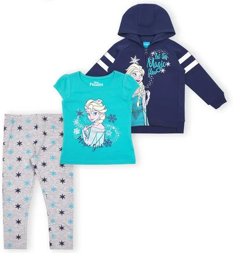 Disney Frozen Girls - Conjunto de camiseta con capucha y pantalones de leggings con cremallera para niños pequeños y pequeños, blancogrisazul marino