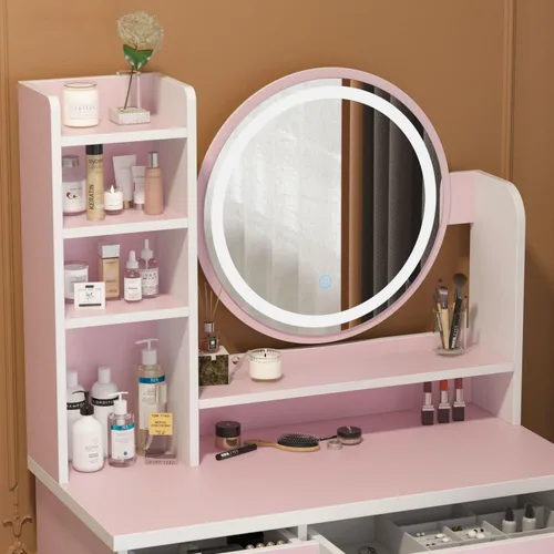 Miniatura 4 de Escritorio de tocador con espejo y luces, tocador de maquillaje con luces y cajones, tocador con espejo y estantes, taburete acolchado, rosa 31.5