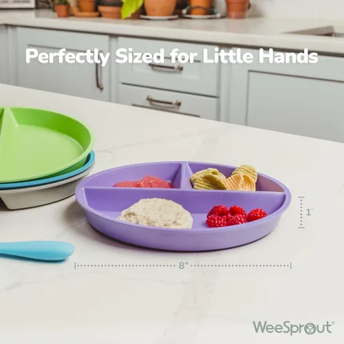 WeeSprout platos divididos de bambú y melamina para niños - Juego de 4 vajillas para niños pequeños, grado alimenticio, seguro para niños con diseño