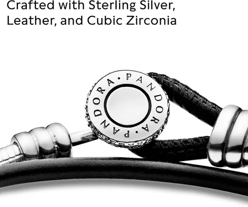 Miniatura 4 de PANDORA Joyería - Pulsera doble de cuero con circonita cúbica en plata de ley, Metal Cuero