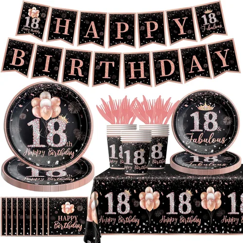 Miniatura 9 de 142 piezas de vajilla de cumpleaños de 13 años para niñas, suministros de fiesta de cumpleaños de color oro rosa para ella, mantel desechable