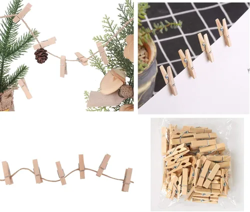 Miniatura 3 de Alfileres de madera para ropa, 100 piezas de color madera de 1.3 pulgadas (1.4 in) pequeños clips de madera con cordel de yute de 33 pies para clips