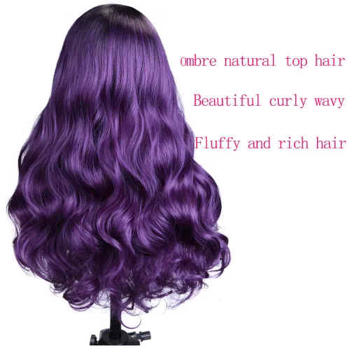 Miniatura 5 de Pelucas largas, rizadas y onduladas, en color morado degradado, de pelo sintético, resistentes al calor, 2 tonos, raíces oscuras, para mujeres