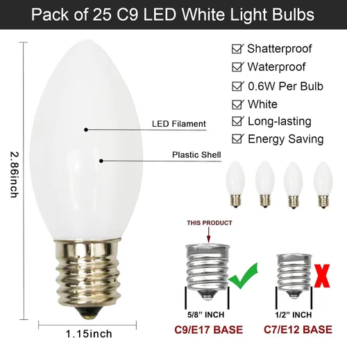 Miniatura 2 de SUNSGNE Bombillas LED C9 de repuesto blancas de Navidad, paquete de 25 bombillas LED de Navidad C9 de plástico para luces de cadena de patio al aire