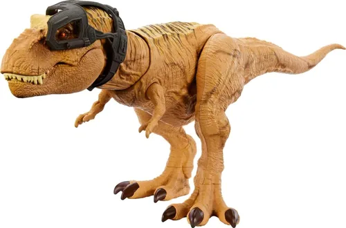 Mattel Jurassic World Track 'n Attack - Figura de acción de dinosaurio, juguete de tiranosaurio Rex con luces, sonido, movimiento y accesorios,