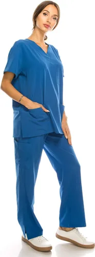 Miniatura 3 de Conjunto médico de 7 bolsillos con cuello en V para mujer, elástico en 4 direcciones, cómodo, peso ligero