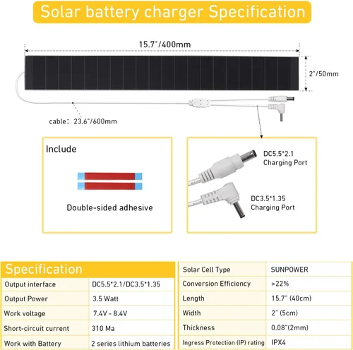 Miniatura 2 de Cargador de panel solar de 8.4 V para persianas enrollables motorizadas, fuente de alimentación solar de alta eficiencia de 3.5 W/11 W