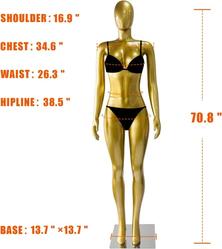 Miniatura 2 de Maniquí femenino de cuerpo completo dorado mate de 70.8 pulgadas, maniquí de exhibición de estilo brasileño con brazos ajustables, soporte de torso