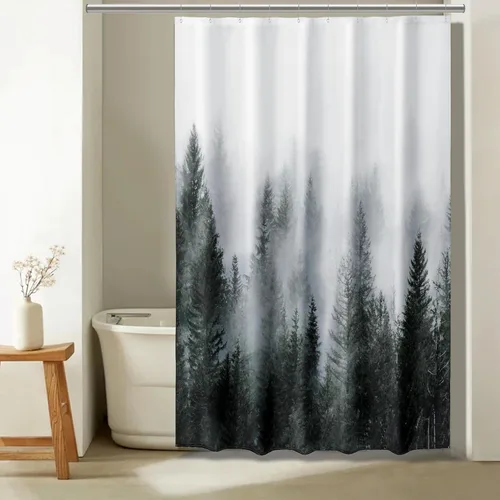 Miniatura 29 de ORTIGIA 36x72 Cortina de ducha de bosque nebuloso para baño pequeño, cortina de ducha estrecha de naturaleza y bosque en blanco y negro con ganchos
