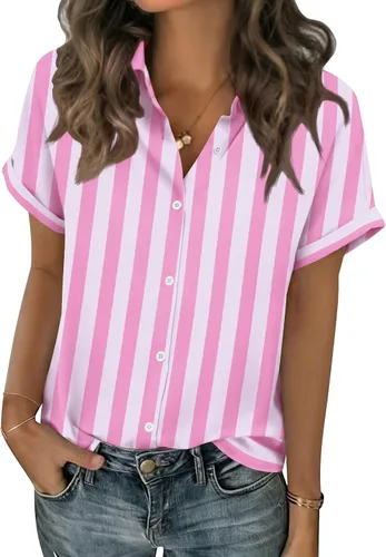 Miniatura 13 de Zeagoo Blusas de verano de manga corta para mujer, camisas casuales con botones, blusas de trabajo de negocios sólidas/a rayas