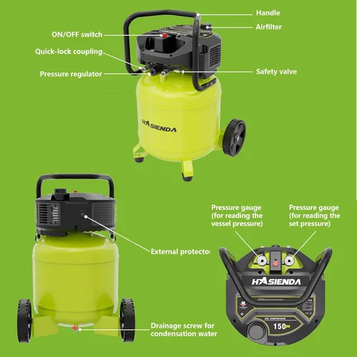Miniatura 4 de Compresor de aire de 12 galones para taller, 150 PSI máx, compresor vertical sin aceite para garaje y hogar, con un motor sin escobillas de larga