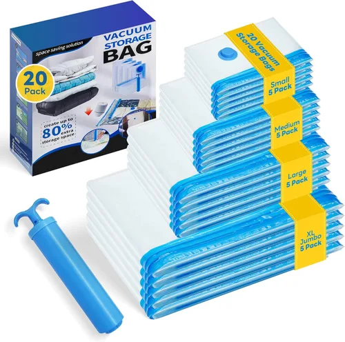 Bolsas de sellado al vacío para ropa, paquete de 20 bolsas de almacenamiento al vacío para viajes (5 jumbo/5 L/5 M/5 S), ahorro de espacio con bomba