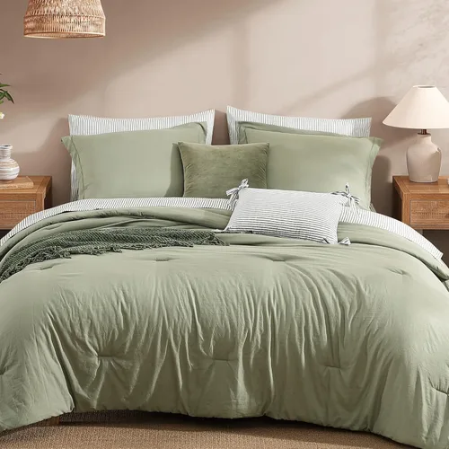 Monbix Juego de Edredón de Tamaño Completo - 7 Piezas Verde Oliva Prelavado Ropa de Cama en una Bolsa Juegos de Ropa de Cama Completos con