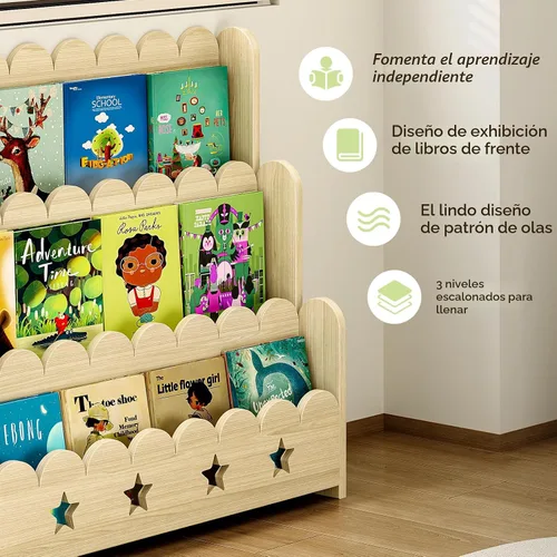 Miniatura 3 de EXPERLAM Estantería festoneada para niños, estantería frontal de 3 niveles, estante de exhibición Montessori de madera de pino macizo