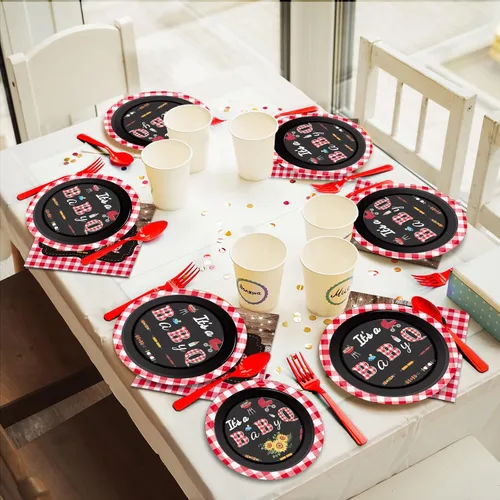 Miniatura 5 de Tevxj 96 piezas de platos de ducha de bebé para barbacoa, servilletas BabyQ Party Vajilla It's A Baby Q, platos de papel desechables, servilletas